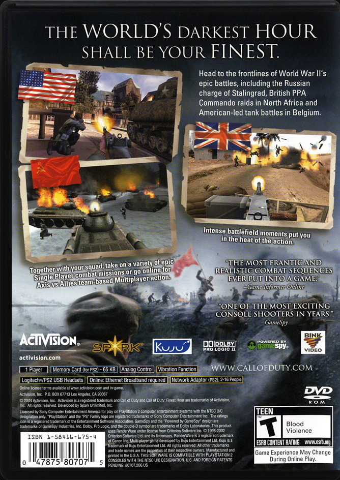 Call of Duty Finest Hour PS2 back side cover case