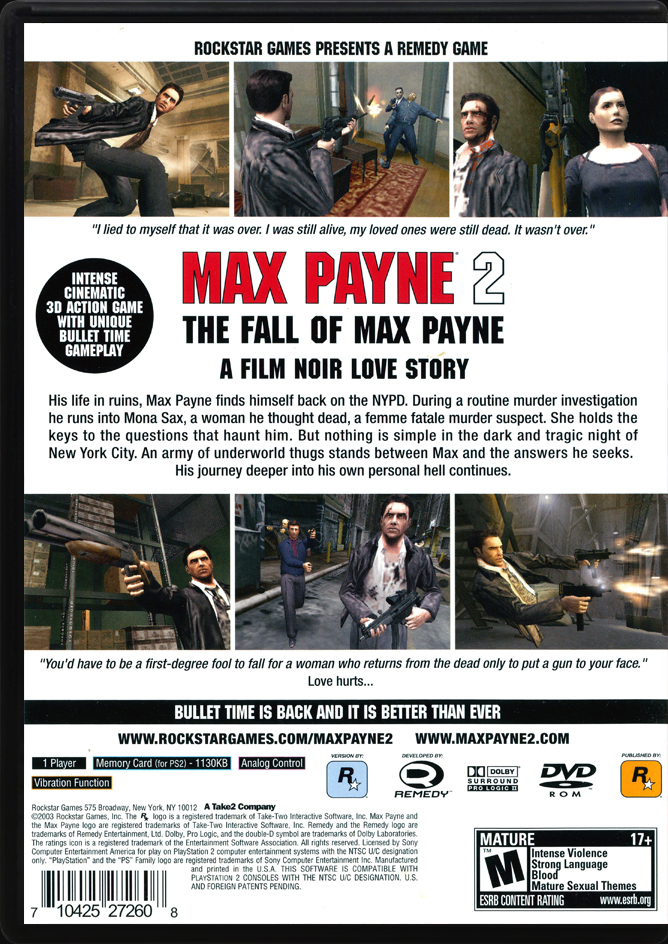 Max Payne 2 The Fall of Max Payne PS2 back side cover case