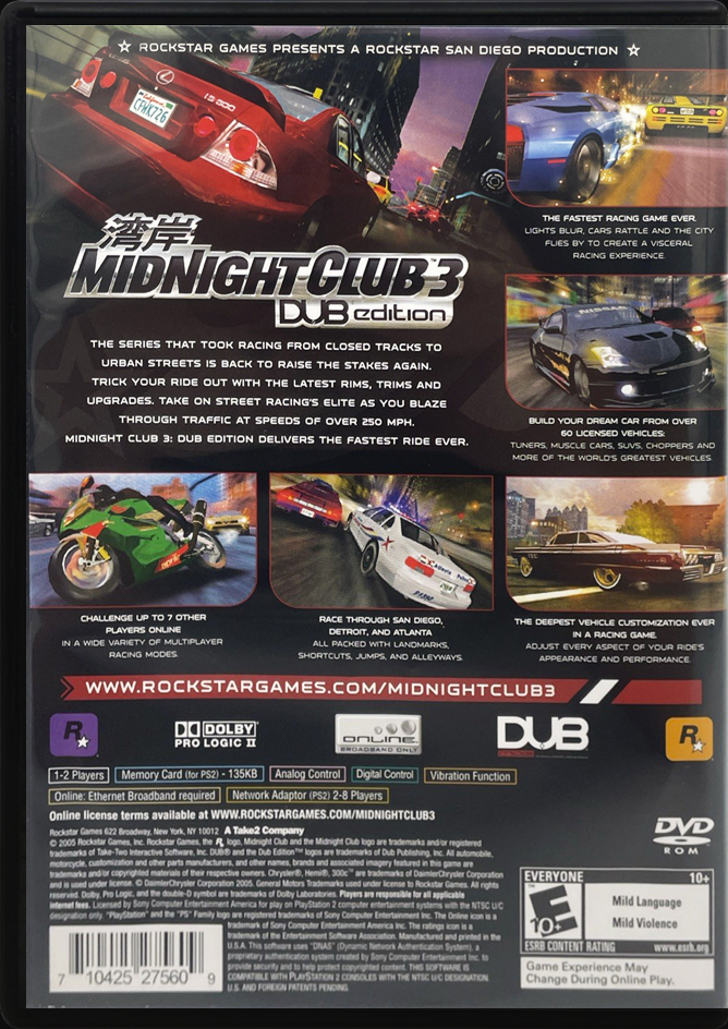 Midnight Club 3 Dub Edition PS2 back side cover case