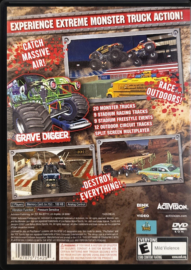 Monster Jam PS2 back side cover case