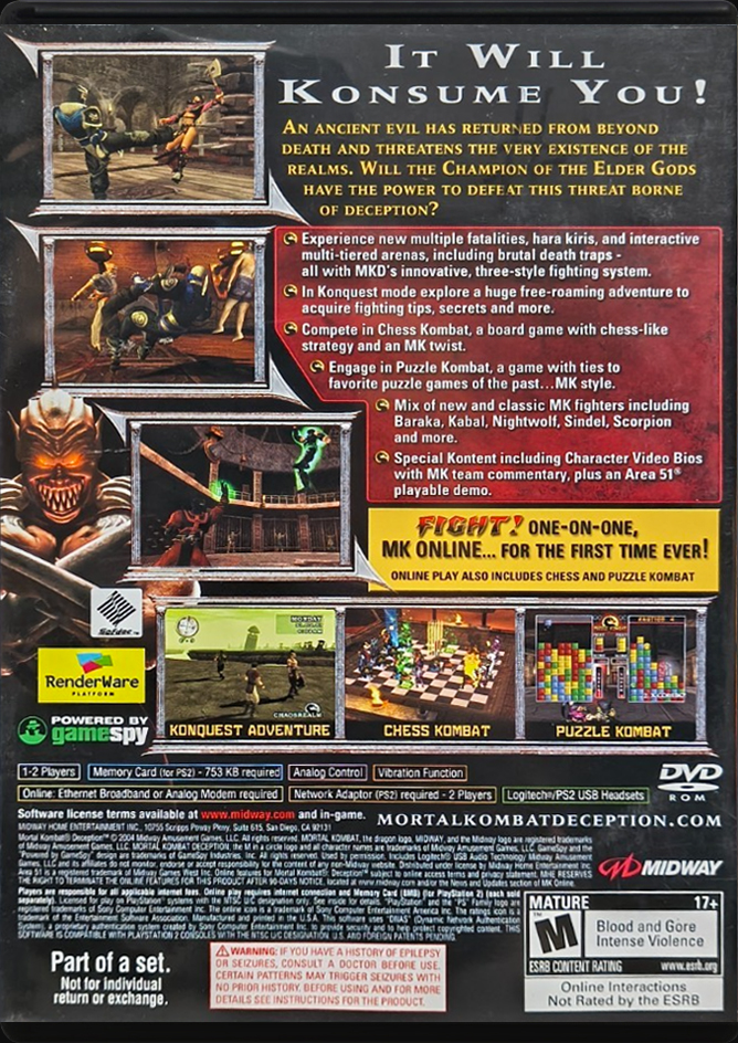 Mortal Kombat Deception PS2 back side cover case