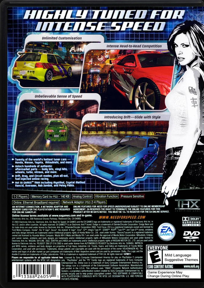 Need for Speed Underground PS2 back side cover case