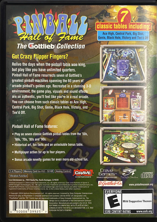 Pinball Hall of Fame The Gottlieb Collection PS2 back side cover case