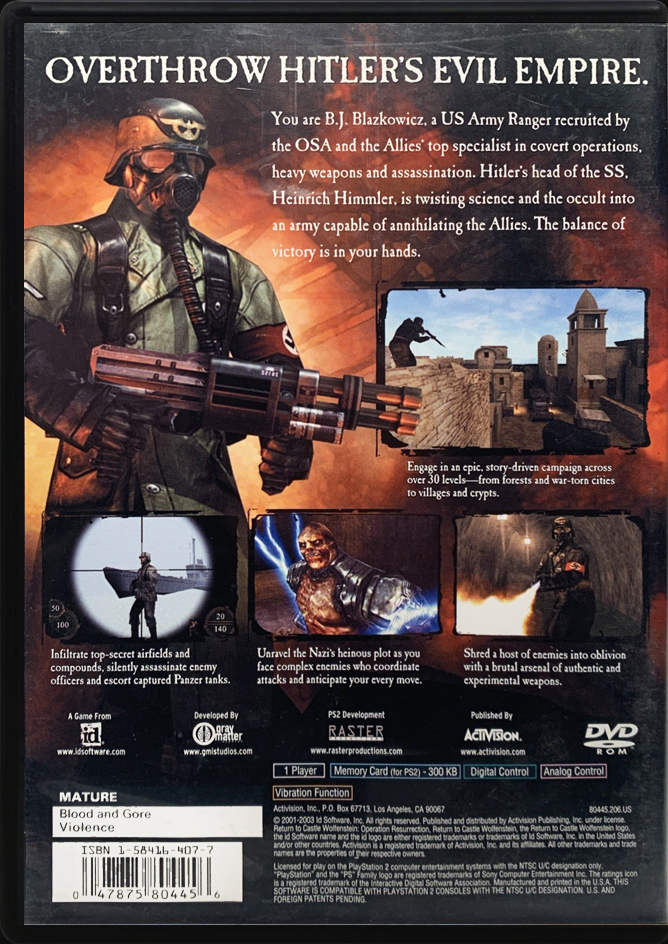 Return to Castle Wolfenstein Operation Resurrection PS2 back side cover case