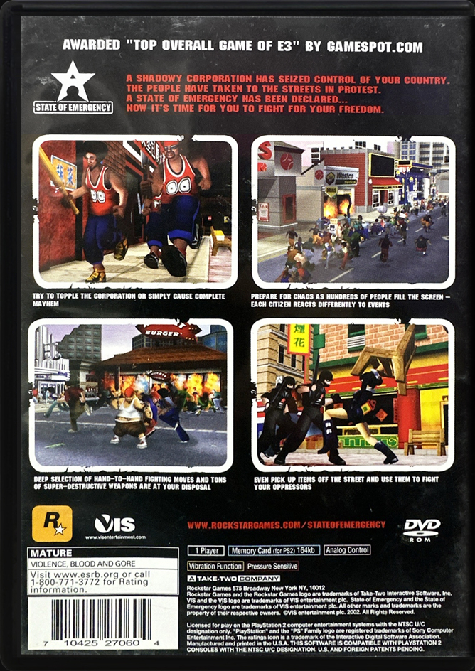 State of Emergency PS2 back side cover case
