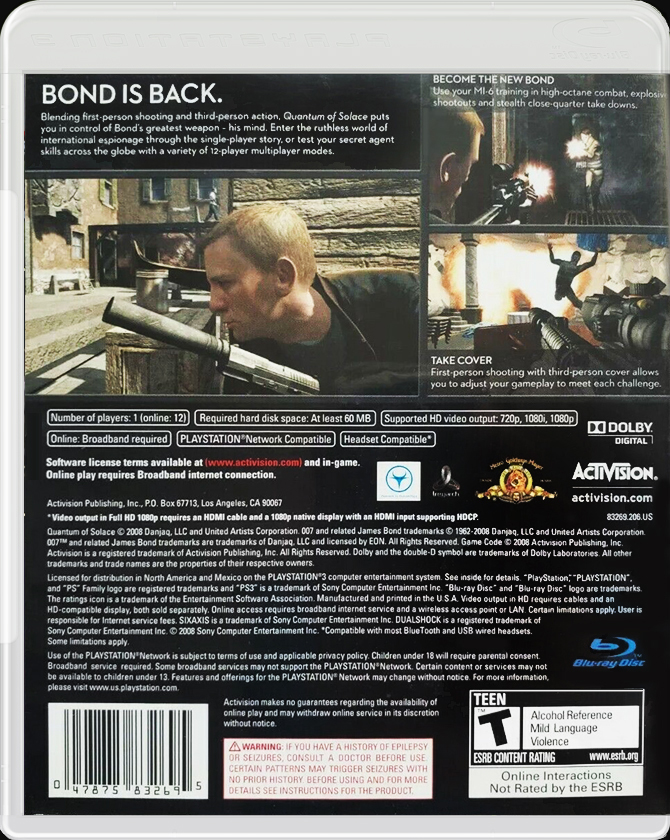 007 Quantum of Solace PS3 back side cover case