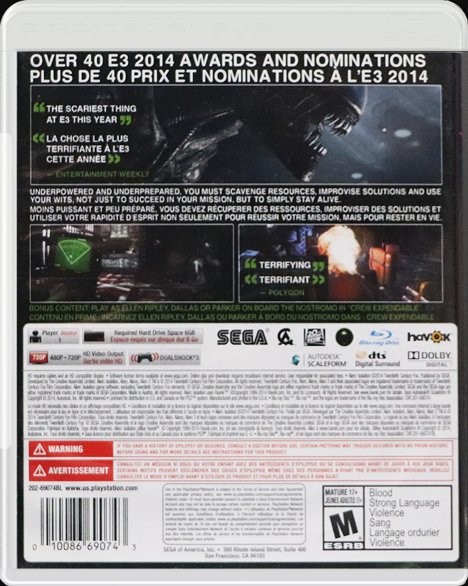 Alien Isolation PS3 back side cover case