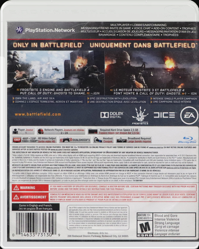 Battlefield 4 PS3 back side cover case