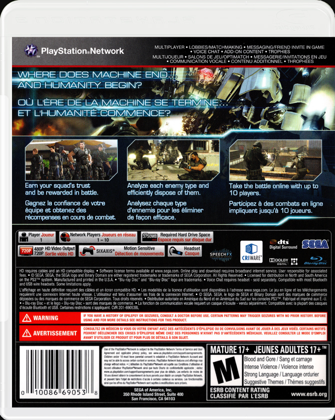 Binary Domain PS3 back side cover case