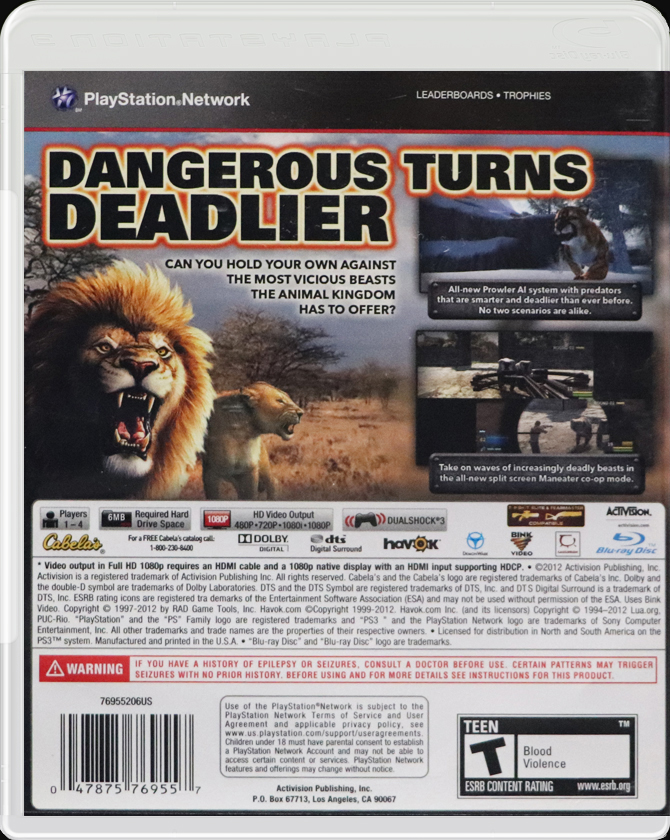 Cabela's Dangerous Hunts 2013 PS3 back side cover case