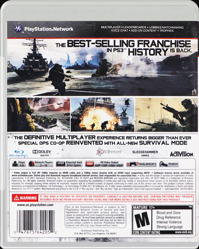 Call of Duty: Modern Warfare 3 PS3 back side cover case