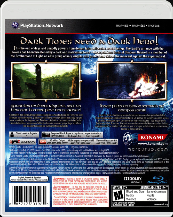 Castlevania Lords of Shadow PS3 back side cover case