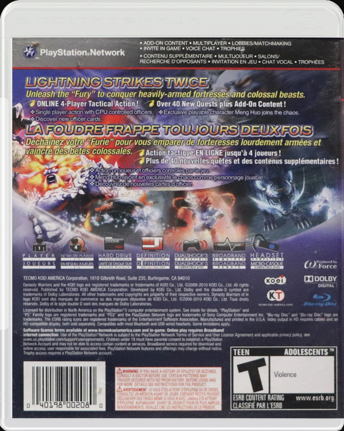Dynasty Warriors: Strikeforce PS3 back side cover case