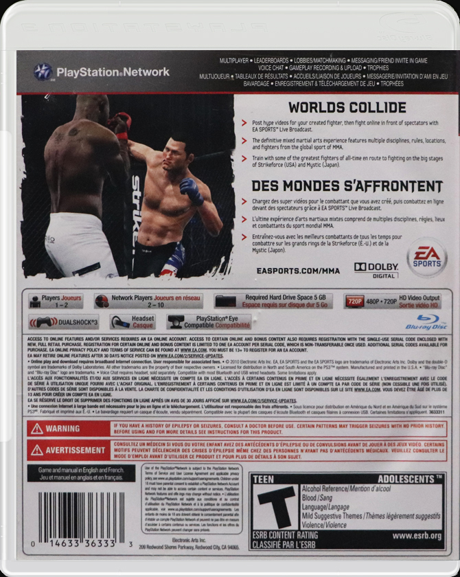 EA Sports MMA PS3 back side cover case