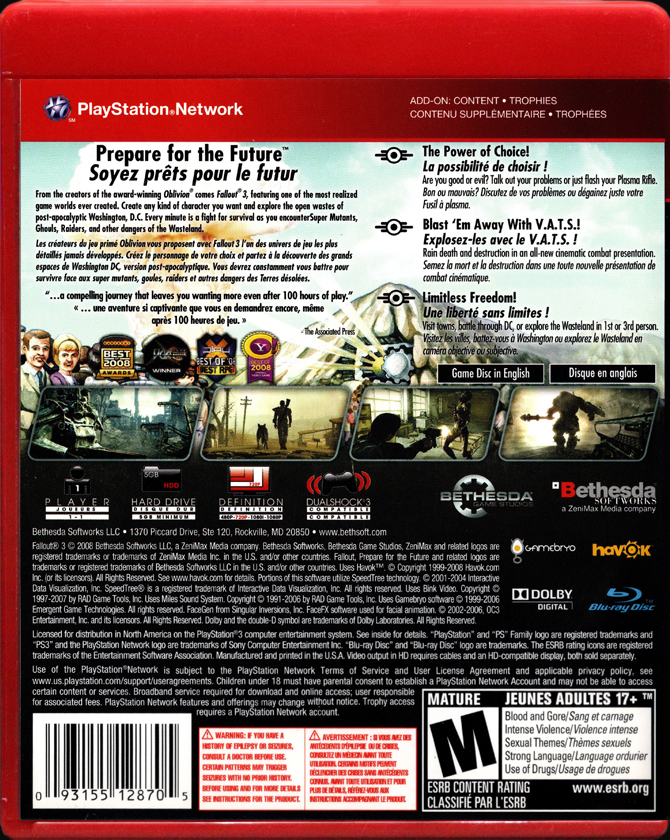 Fallout 3 greatest hits PS3 back side cover case