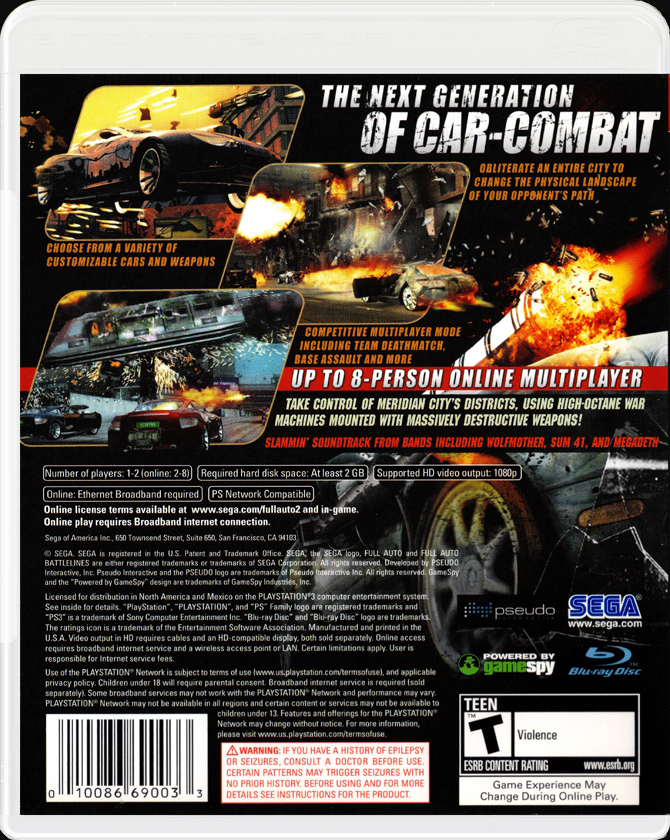 Full Auto 2 Battlelines PS3 back side cover case