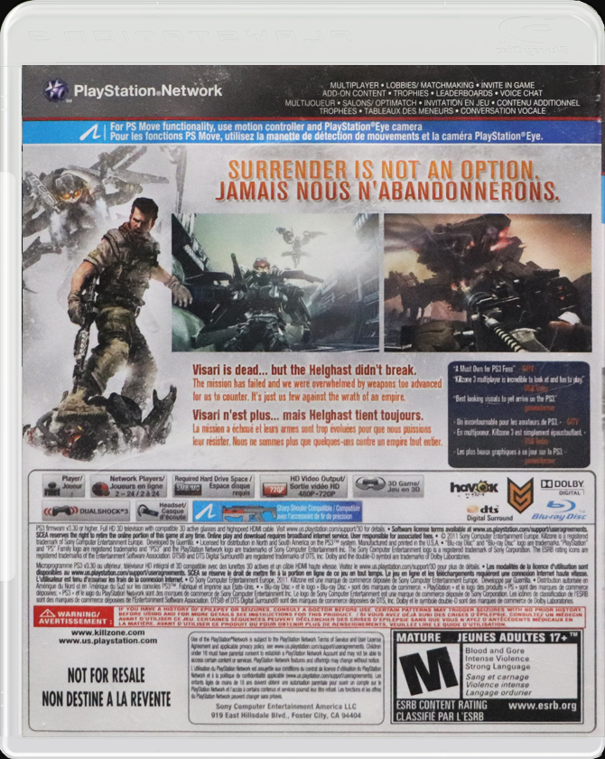 Killzone 3 PS3 back side cover case