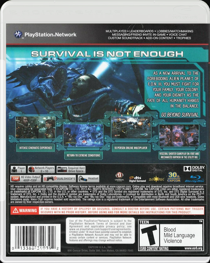 Lost Planet 3 PS3 back side cover case