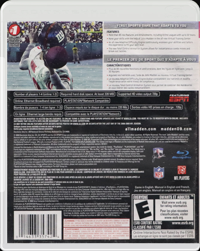 Madden NFL 09 PS3 back side cover case