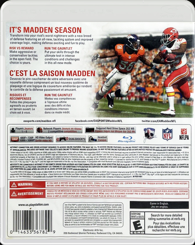 Madden NFL 15 PS3 back side cover case
