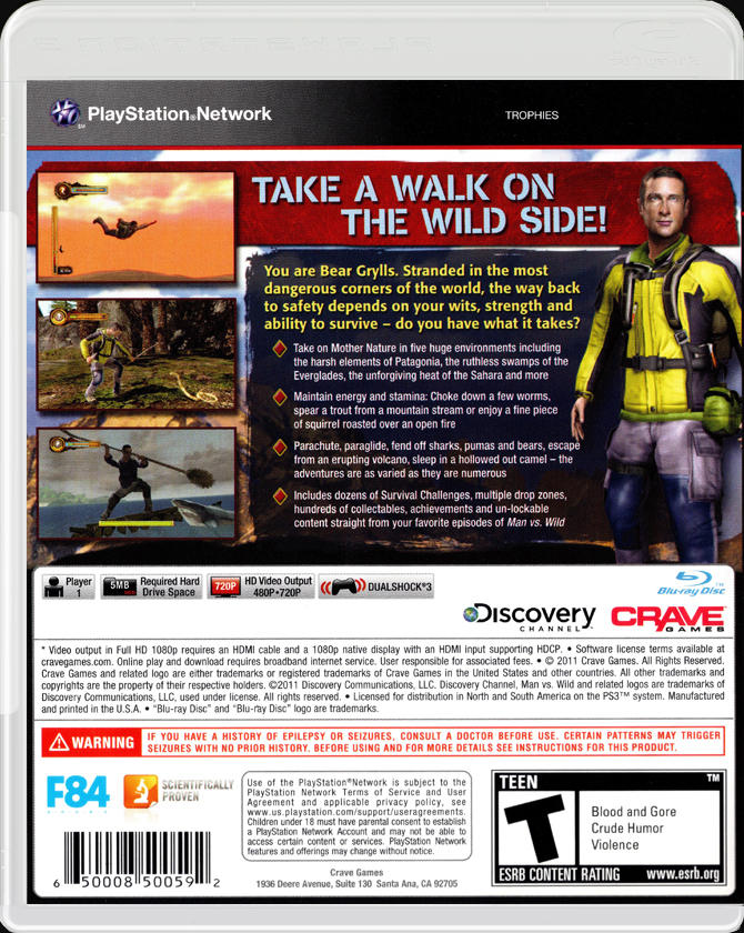 Man vs Wild with Bear Grylls PS3 back side cover case