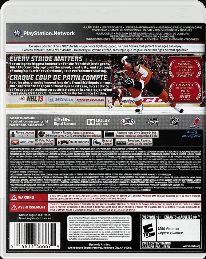 NHL 13 PS3 back side cover case