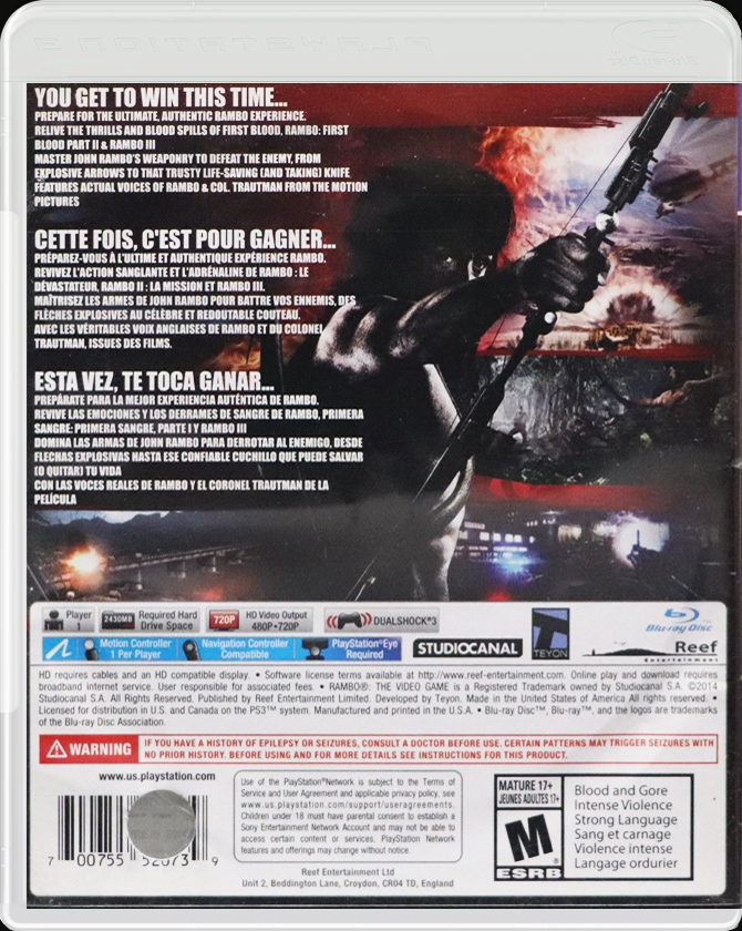 Rambo The Video Game PS3 back side cover case