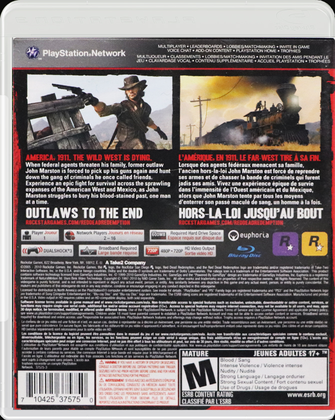 Red Dead Redemption PS3 back side cover case