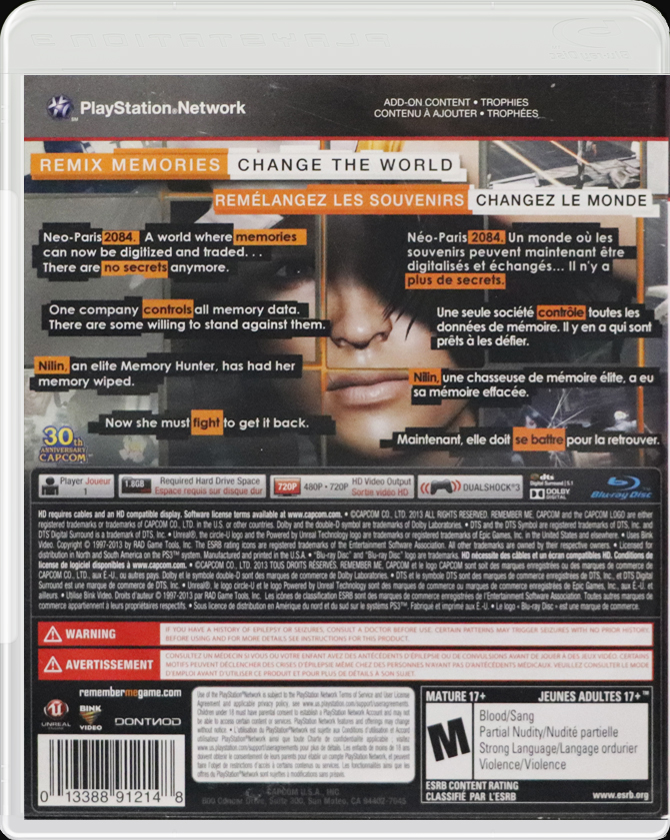 Remember Me PS3 back side cover case