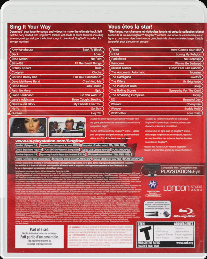 SingStar PS3 back side cover case