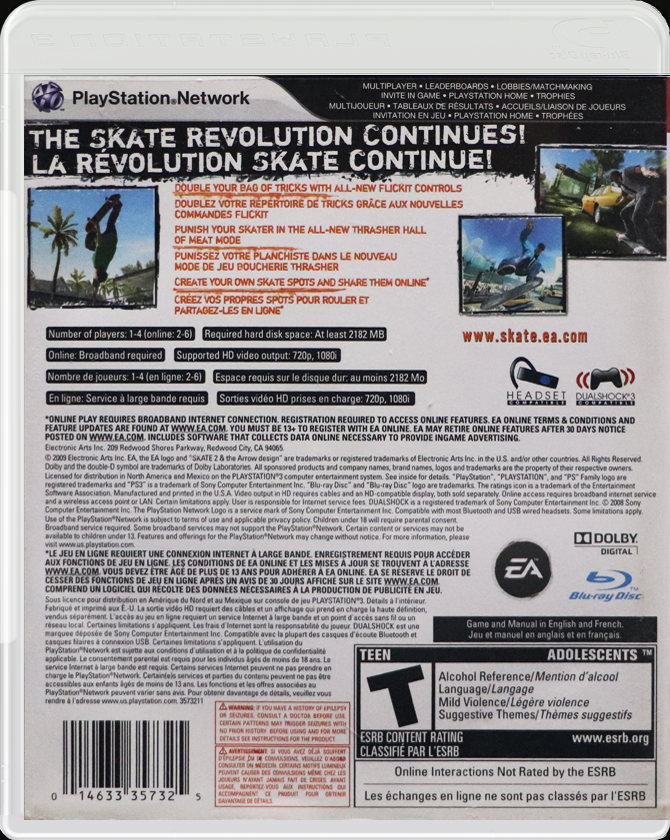 Skate 2 PS3 back side cover case