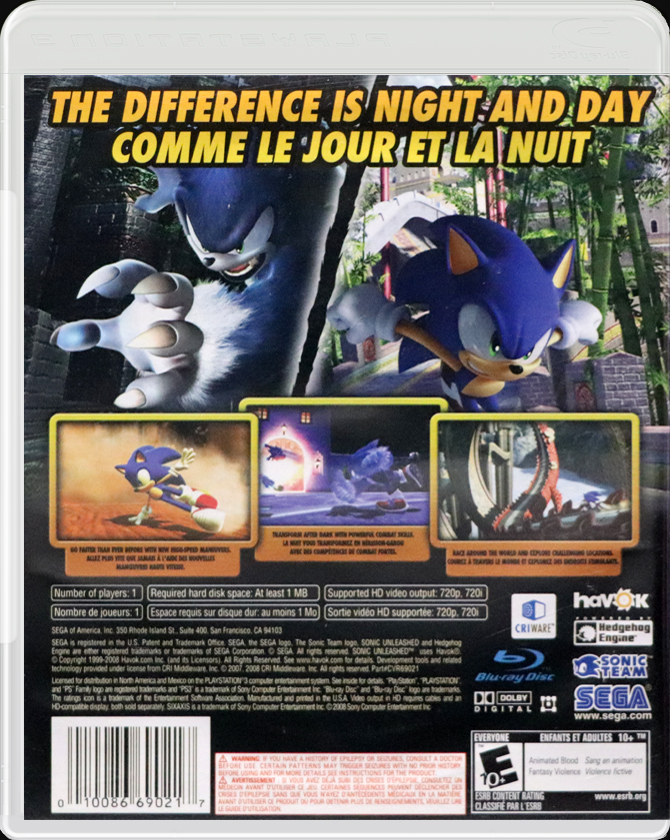 Sonic Unleashed PS3 back side cover case