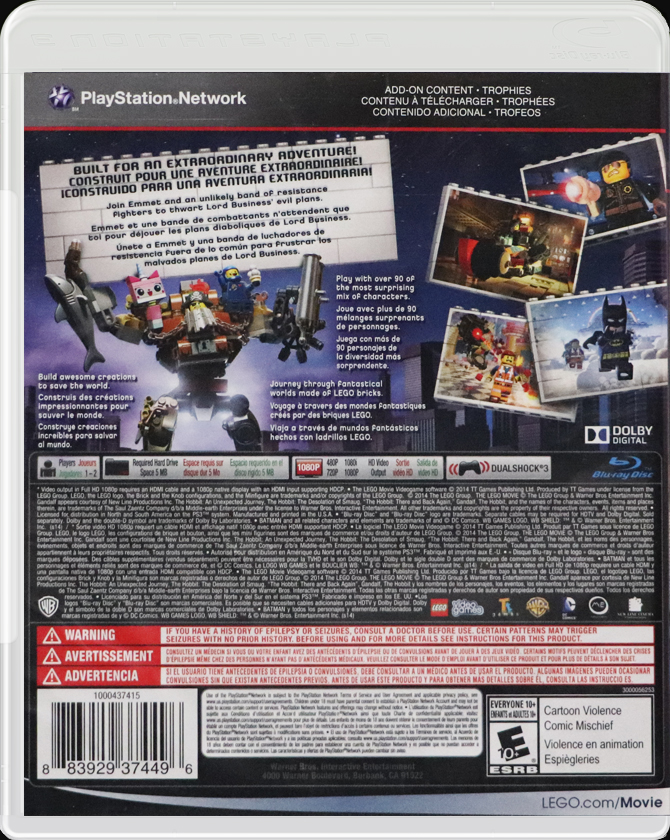 The Lego Movie Videogame PS3 back side cover case