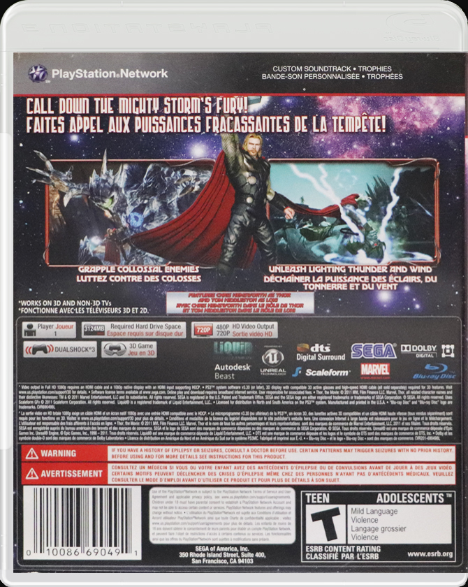 Thor: God of Thunder PS3 back side cover case