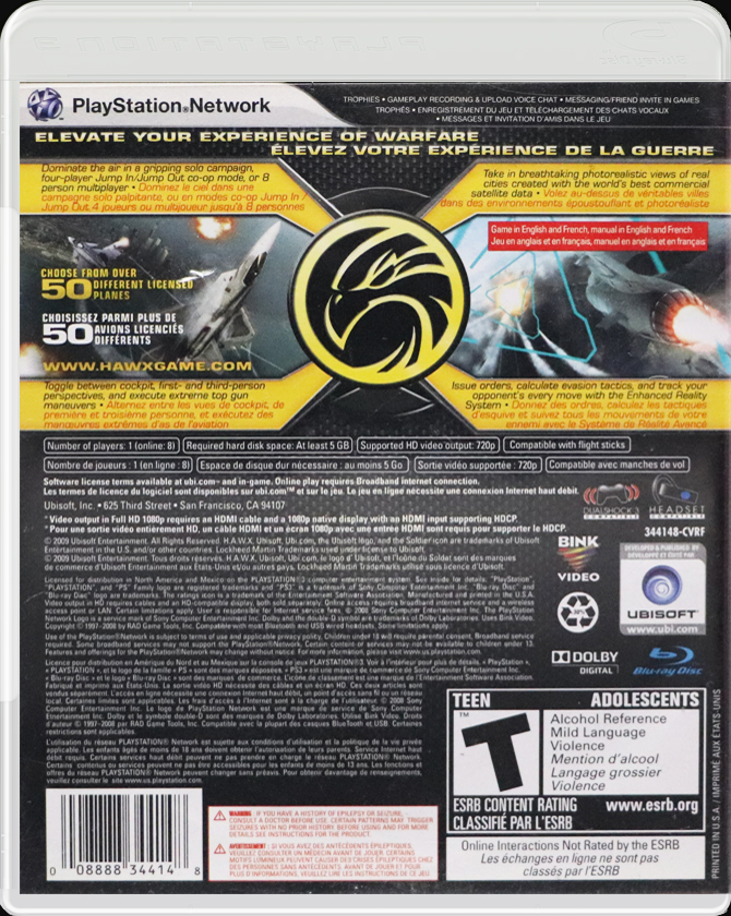 Tom Clancy's H.A.W.X PS3 back side cover case