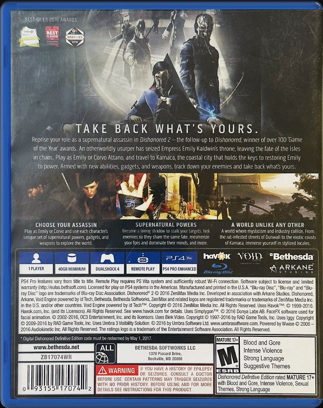 Dishonored 2 PS4 back side cover case