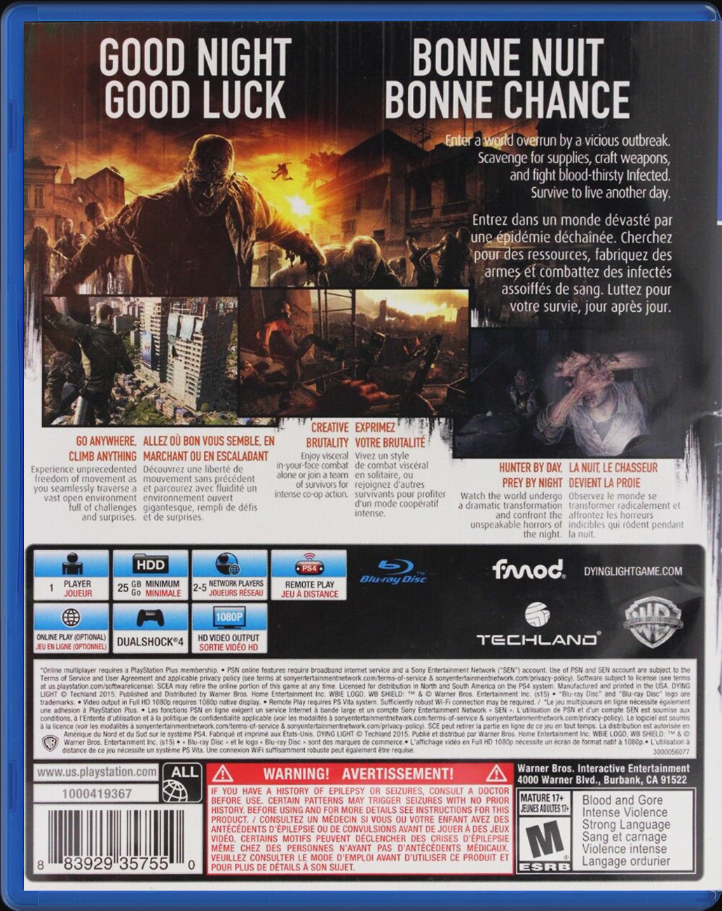 Dying Light PS4 back side cover case
