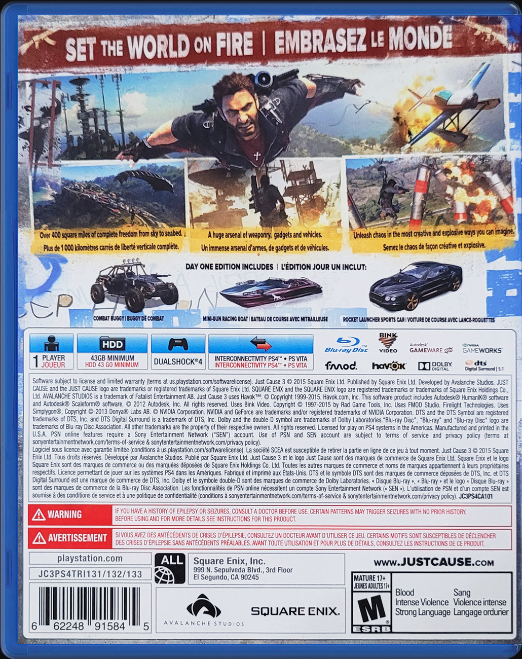 Just Cause 3 Day One Edition PS4 back side cover case
