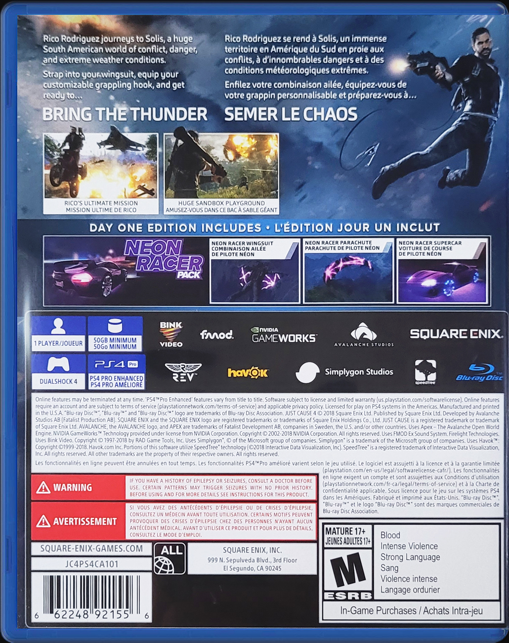 Just Cause 4 PS4 back side cover case