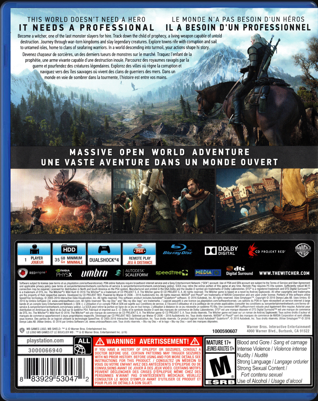 The Witcher 3 Wild Hunt PS4 back side cover case
