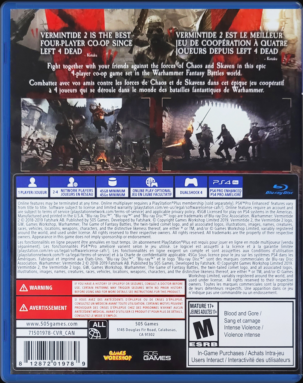 Warhammer: Vermintide 2 PS4 back side cover case