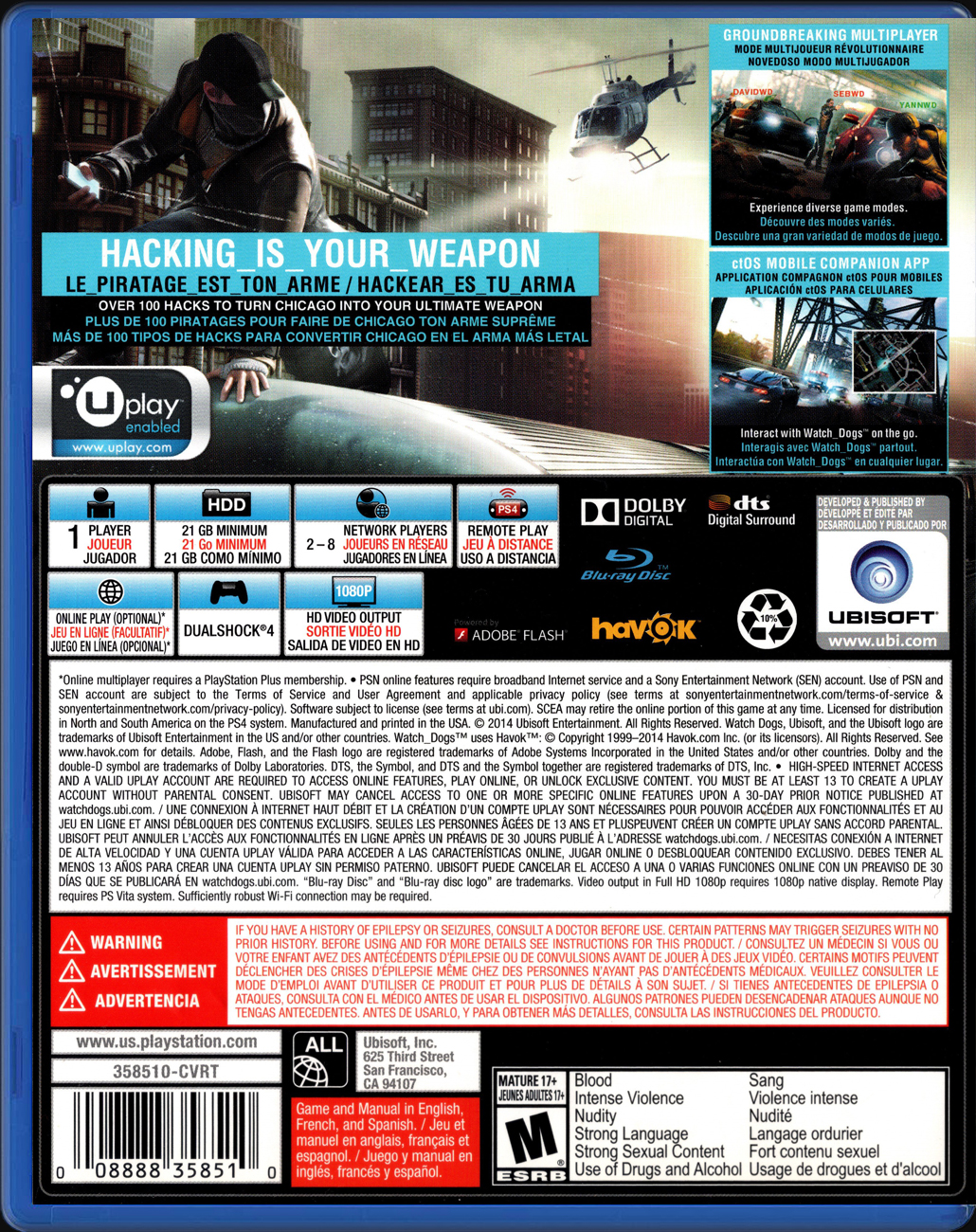 Watch Dogs PS4 back side cover case