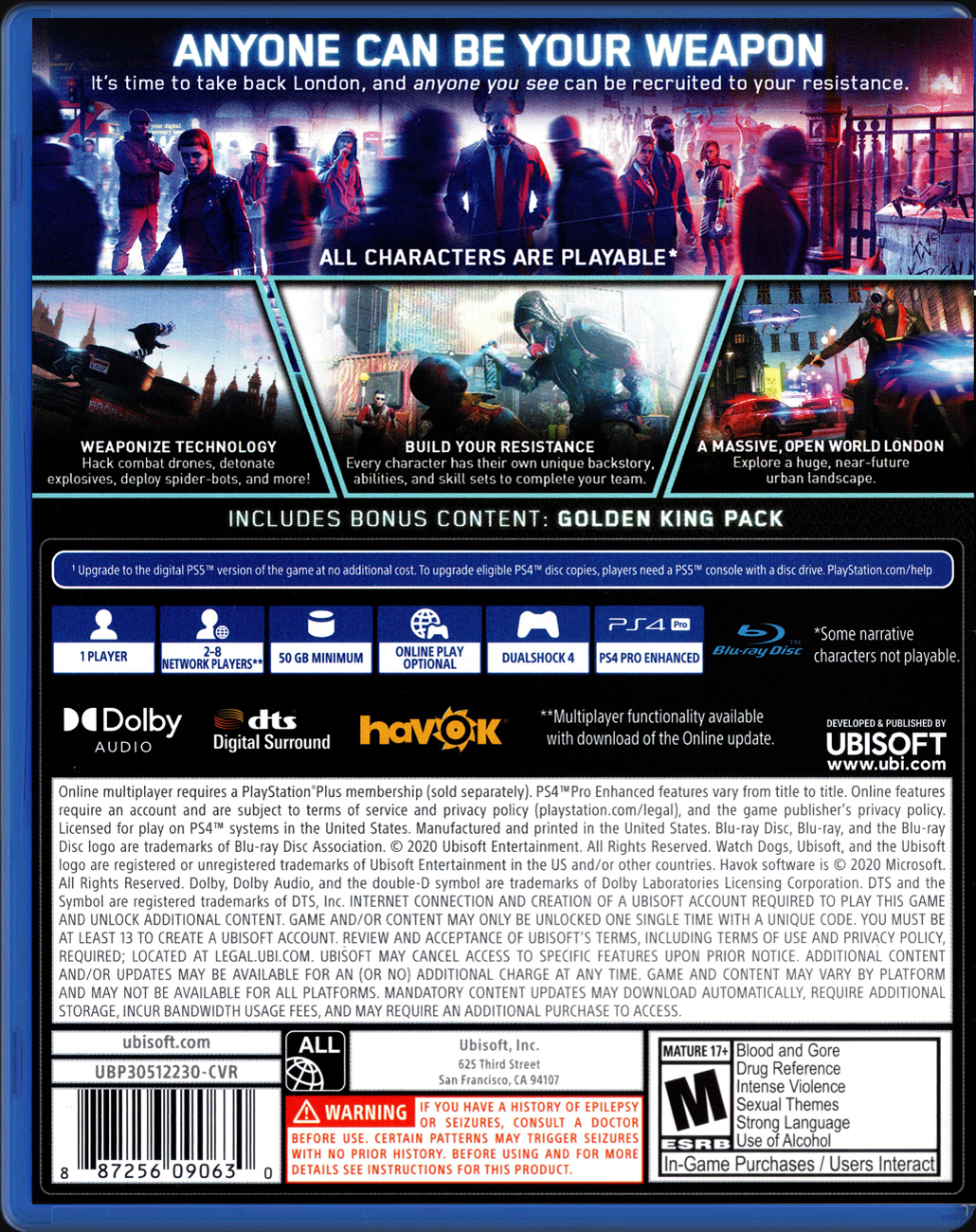 Watch Dogs Legion PS4 back side cover case