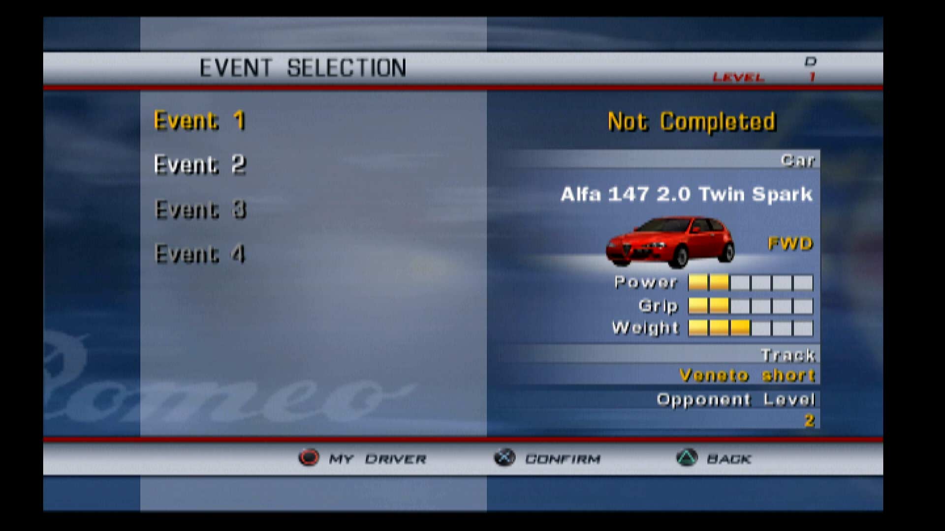 Alfa Romeo Racing Italiano PS2 menu event selection