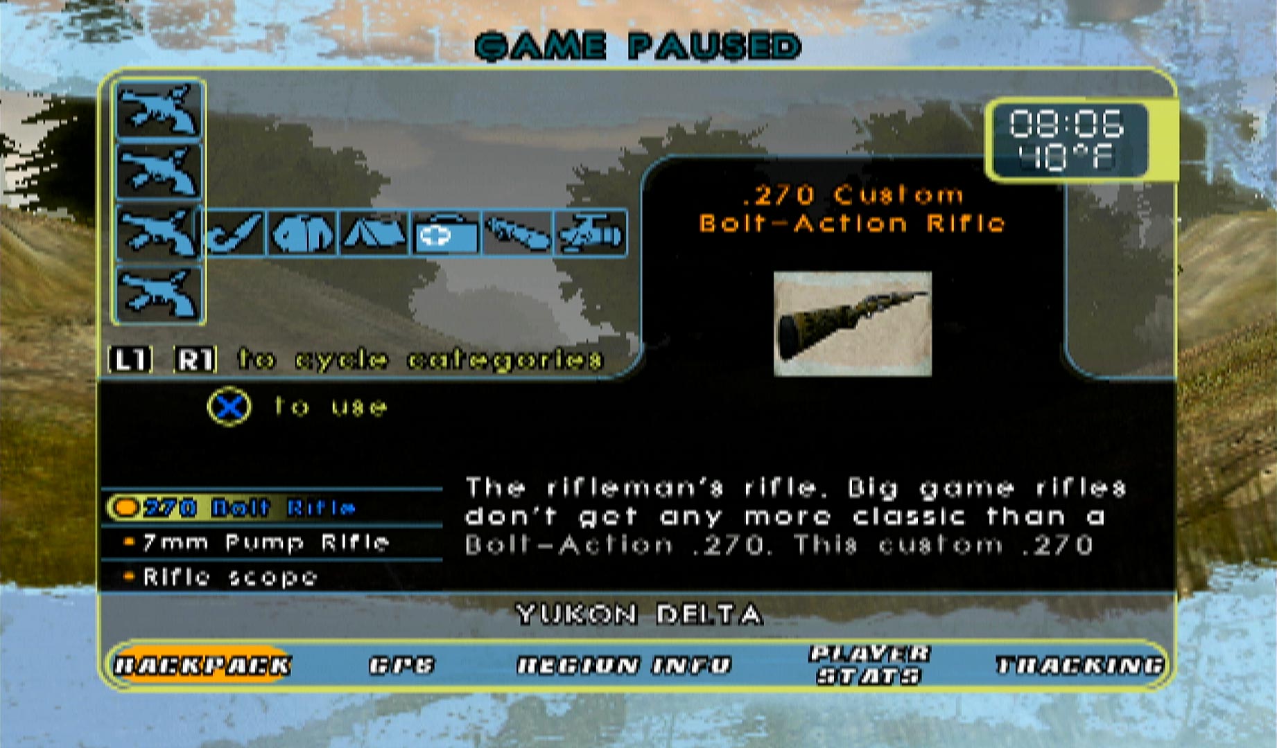 Cabela's Alaskan Adventures PS2 backpack menu