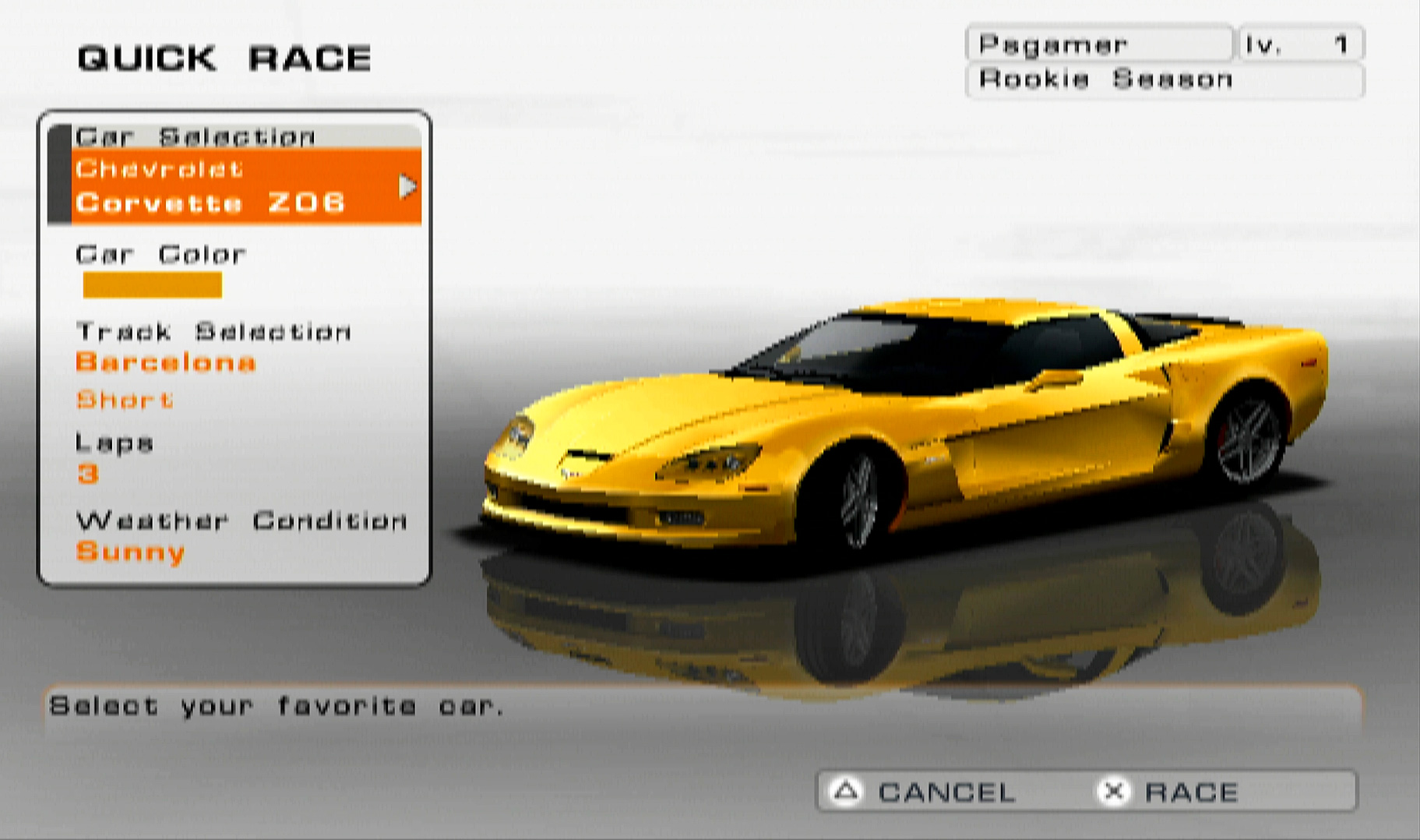 Corvette Evolution GT PS2 car select menu