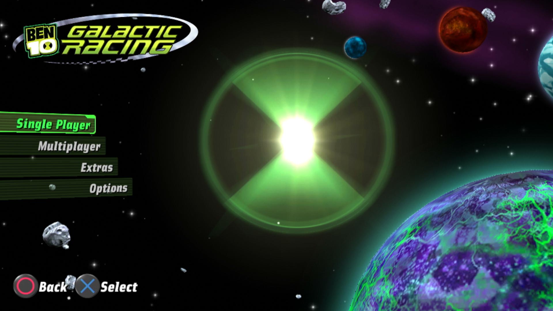 Ben 10 Galactic Racing PS3 game main menu screen